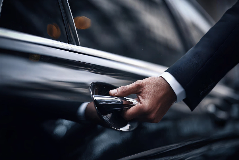 Luxury black sedan with professional chauffeur providing premium car service