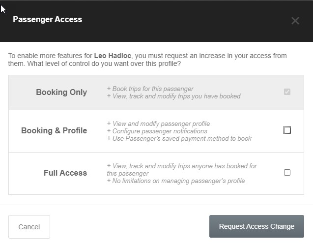 Screen shot - Carey Connect - Managing Passengers - Passenger Access