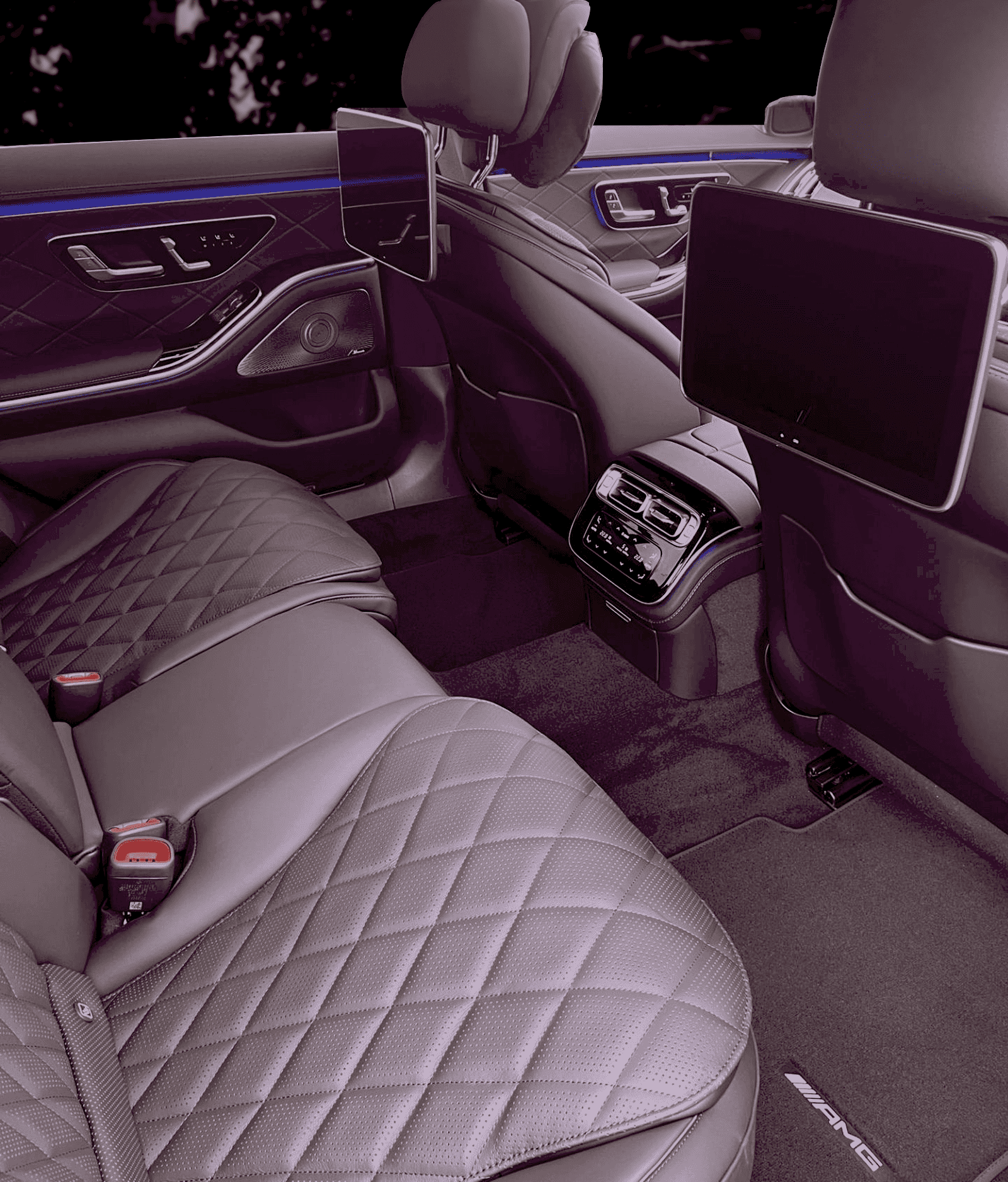 Rear passenger seat view of a Mercedes S 580e luxury saloon in Carey's UK fleet