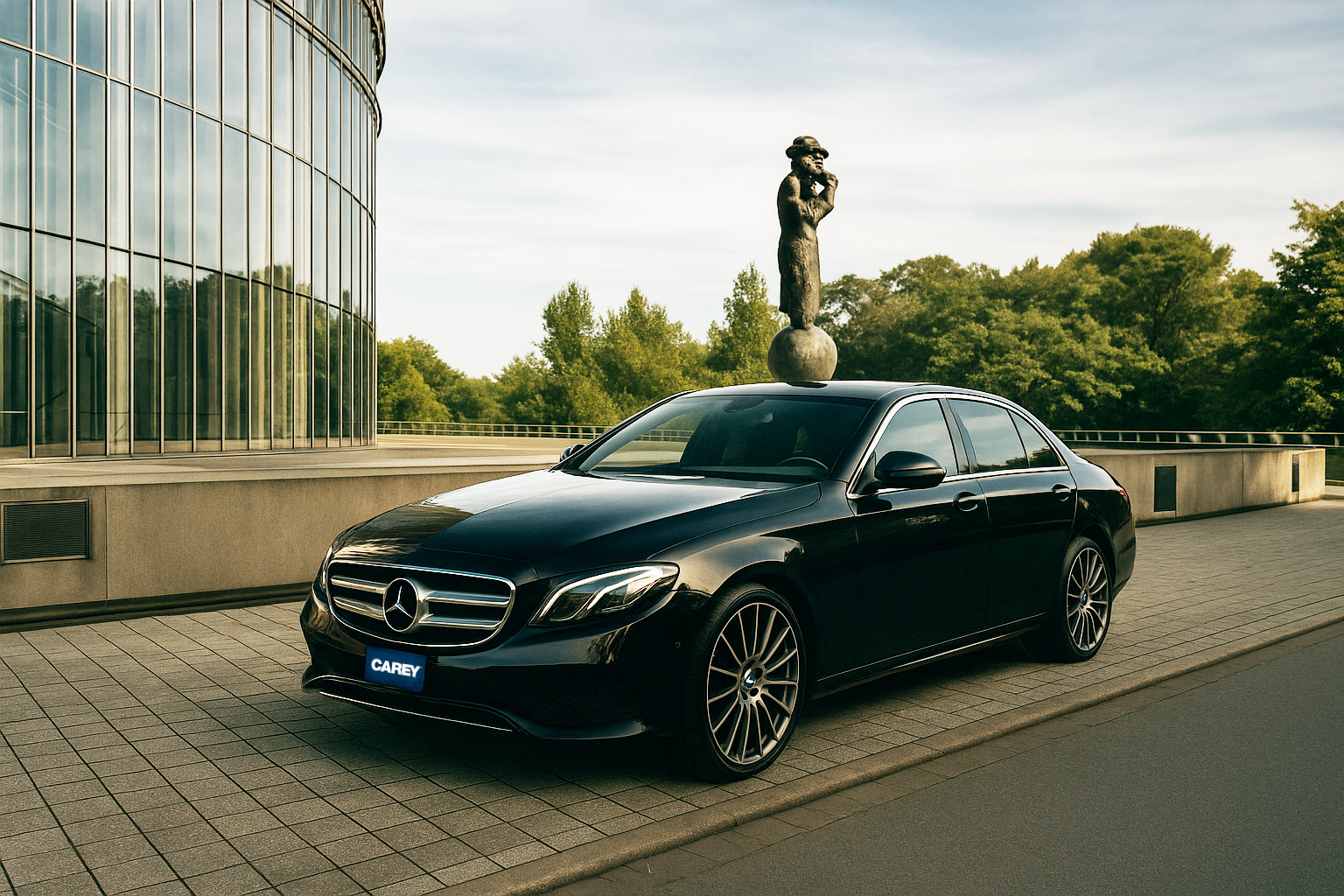 Luxury black Mercedes sedan parked in front of a historic landmark in Luxembourg City