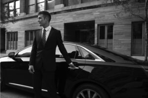 A chauffeur in a suit opens the door of a sleek black luxury car