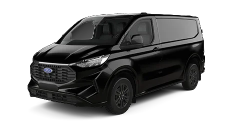 Black cargo van viewed from the front right side, featuring tinted windows, modern grille, and Ford badge