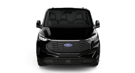 Black cargo van viewed directly from the front, featuring Ford badge, modern grille, and tinted windshield