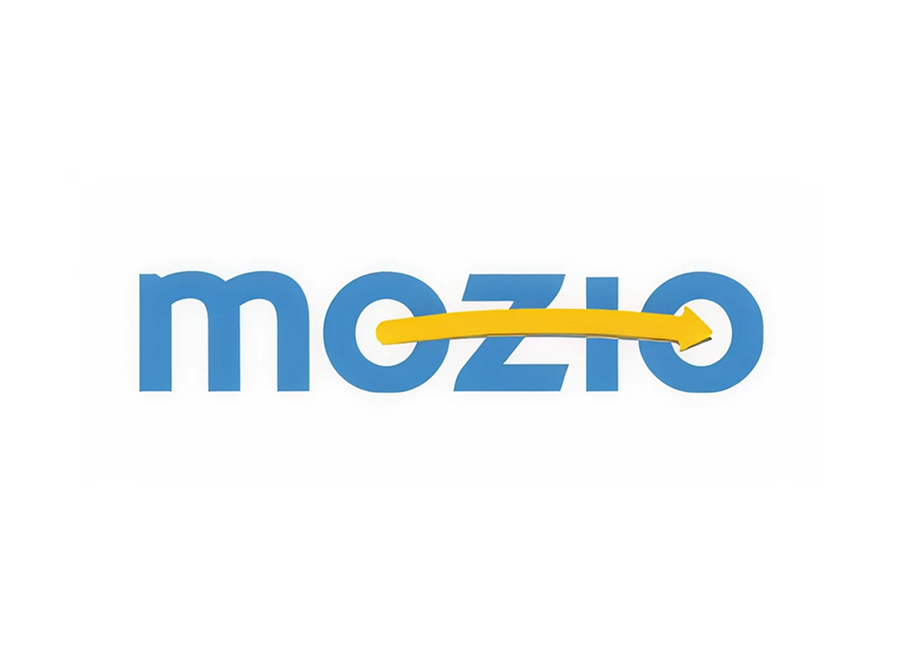 The word "mozio" in lowercase blue letters with a yellow curved arrow starting from the letter "o" and ending at the last "o," placed on a white background.