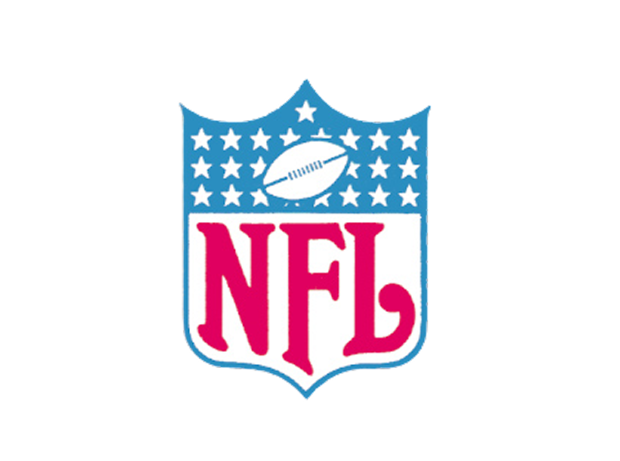 An American football shield logo with a blue top half featuring white stars and a white football in the center, and a white bottom half displaying the large red letters "NFL.