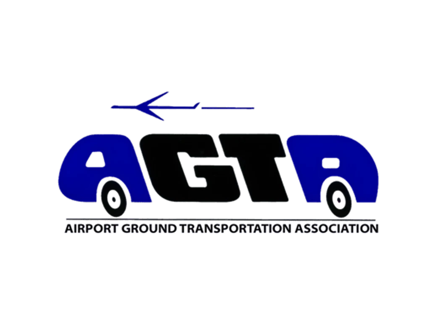 The AGTA logo features the word "AGTA" in bold letters with the "A"s designed as blue vehicles with wheels, a black "G" and "T" in the center, a stylized airplane above, and the text "Airport Ground Transportation Association" below.