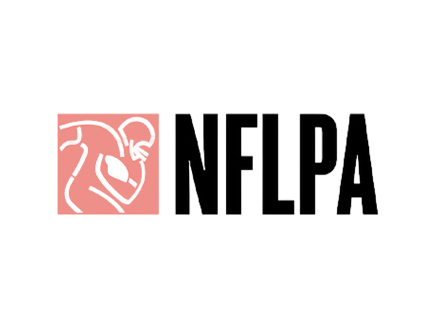 The NFLPA logo featuring the stylized outline of an American football player in a pink square, followed by the large, bold black letters "NFLPA" on a white background.
