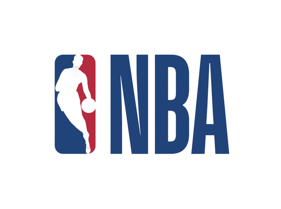 The NBA logo featuring a silhouette of a basketball player dribbling a ball inside a vertical red and blue rectangle, with the large blue letters "NBA" to the right.